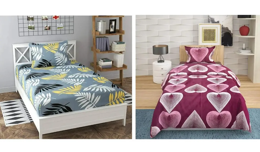 PR Trend  Leaves Printed Grey & Straight Hearts Printed Single Bedsheet Set Of 2 With Pillow Cover