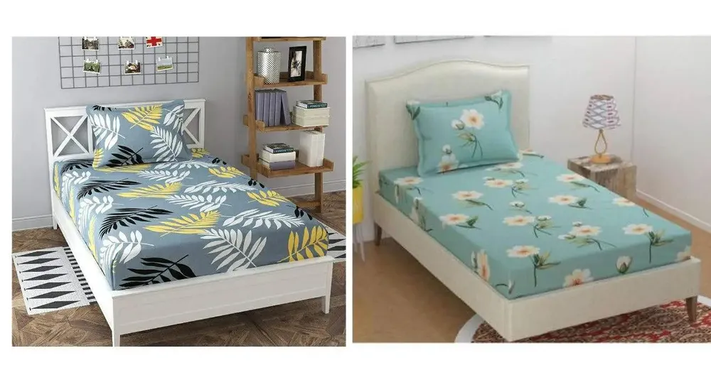 PR Trend  Leaves Printed Grey & Turquoise Floral Printed Single Bedsheet Set Of 2 With Pillow Cover