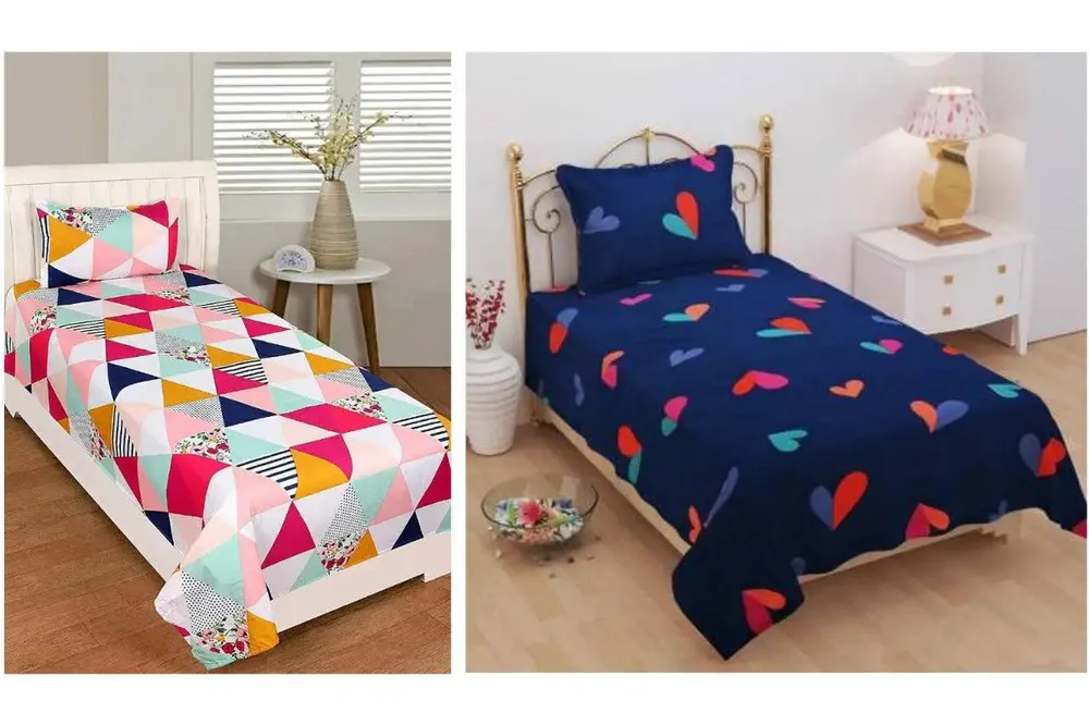 PR Trend  Multicolor Geometric Printed & Little Pink Hearts Printed Dark Blue Single Bedsheet Set Of 2 With Pillow Cover