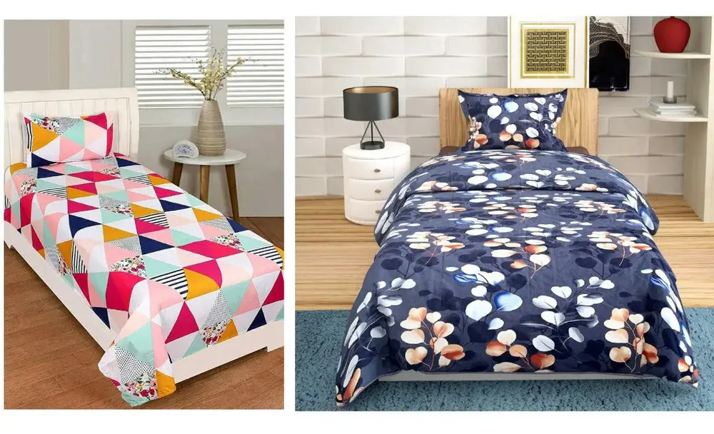 PR Trend  Multicolor Geometric Printed & Midnight Leafy Printed Single Bedsheet Set Of 2 With Pillow Cover