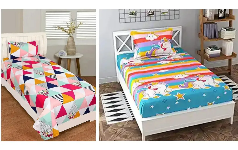 PR Trend  Multicolor Geometric Printed & Rainbow Unicorn Printed Single Bedsheet Set Of 2 With Pillow Cover