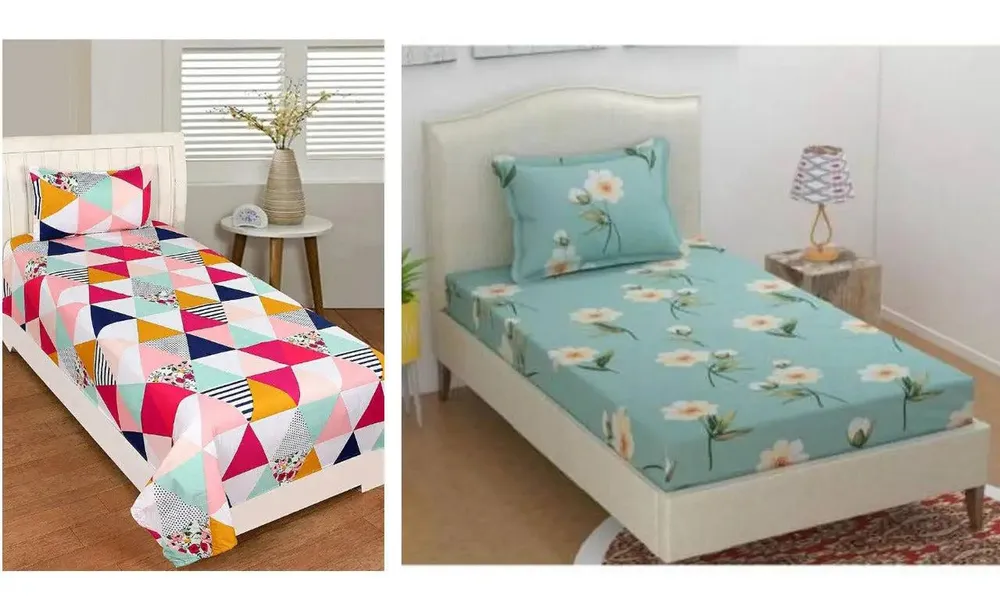 PR Trend  Multicolor Geometric Printed & Turquoise Floral Printed Single Bedsheet Set Of 2 With Pillow Cover