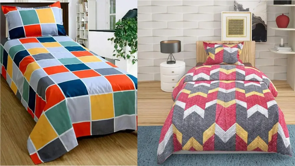 PR Trend  Multicolor Square Pattern & Geometric Printed Single Bedsheet Set Of 2 With Pillow Cover