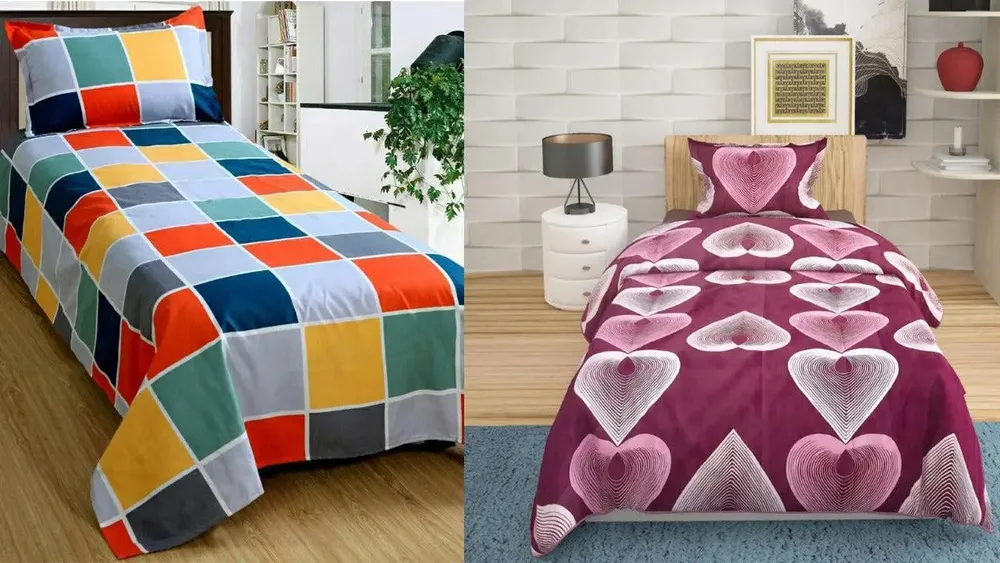 PR Trend  Multicolor Square Pattern & Straight Hearts Printed Single Bedsheet Set Of 2 With Pillow Cover