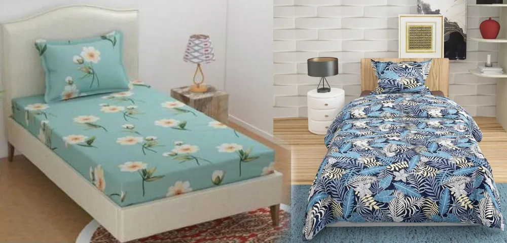 PR Trend  Turquoise Floral Printed & Dense Leafy Blue Printed Single Bedsheet Set Of 2 With Pillow Cover