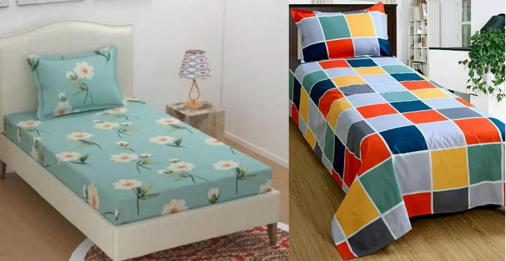 PR Trend  Turquoise Floral Printed & Multicolor Square Pattern Single Bedsheet Set Of 2 With Pillow Cover