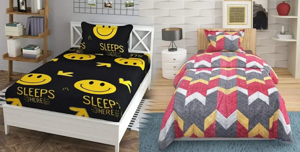 PR Trend  Yellow Smiley Printed Black &Geometric Printed Single Bedsheet Set Of 2 With Pillow Cover