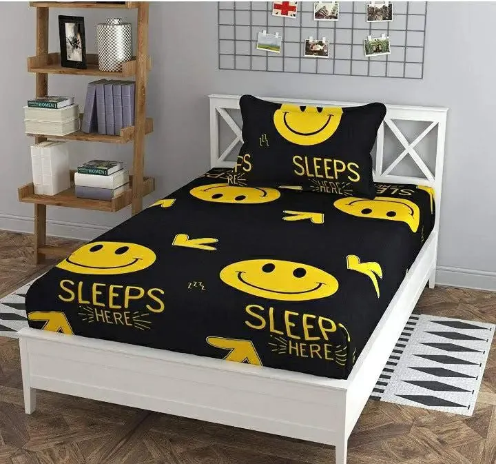 PR Trend  Yellow Smiley Printed Black Single Bedsheet Set Of  2 With Pillow Cover