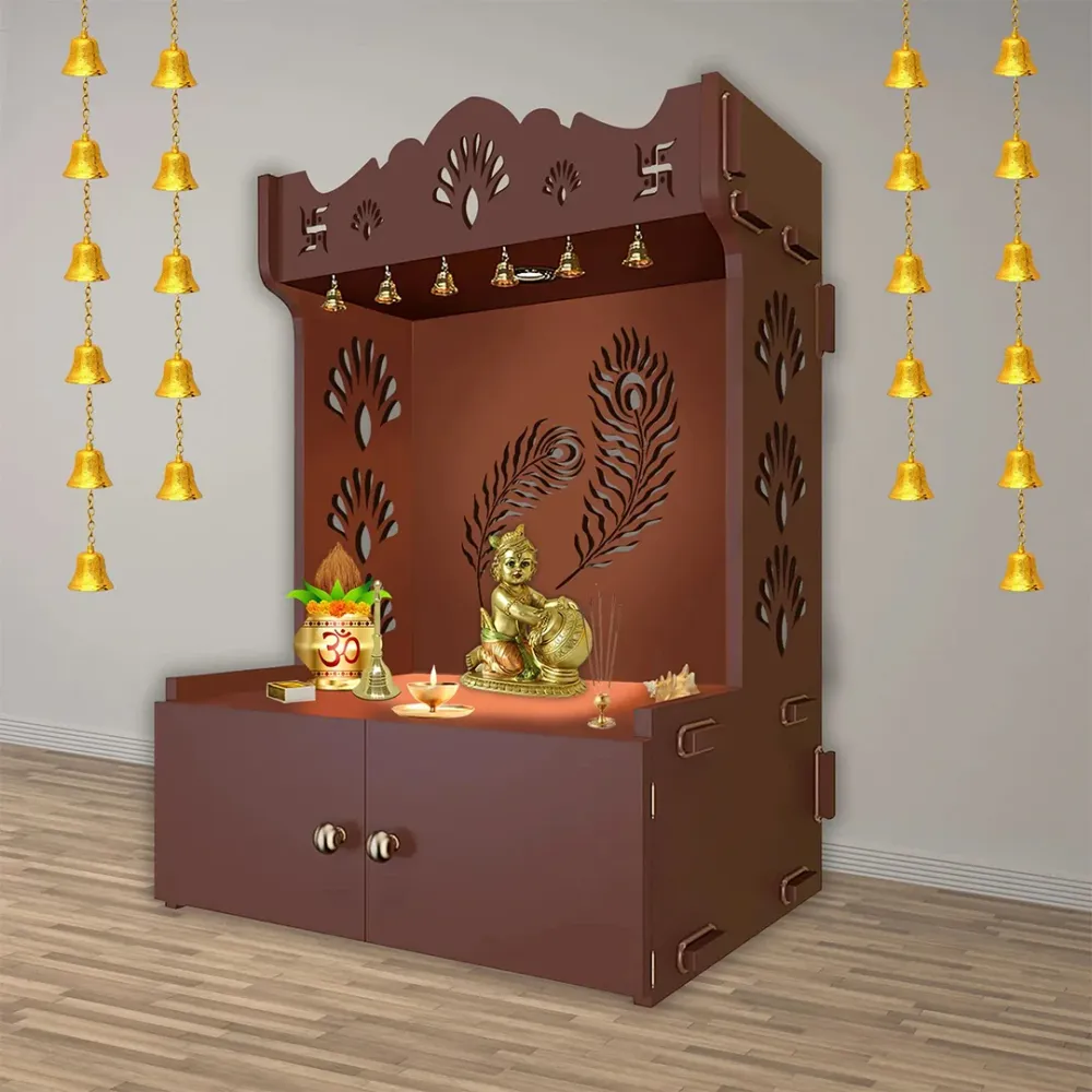 Premium Art Of Mor Pankh Floor Temple With Spacious Wooden Shelf &amp; Inbuilt Focus Light- Brown Finish