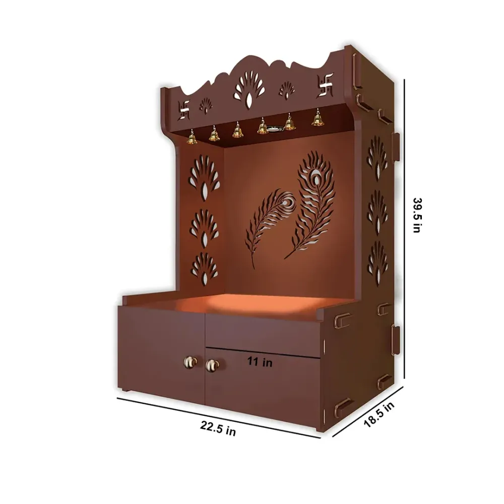 Premium Art Of Mor Pankh Floor Temple With Spacious Wooden Shelf &amp; Inbuilt Focus Light- Brown Finish