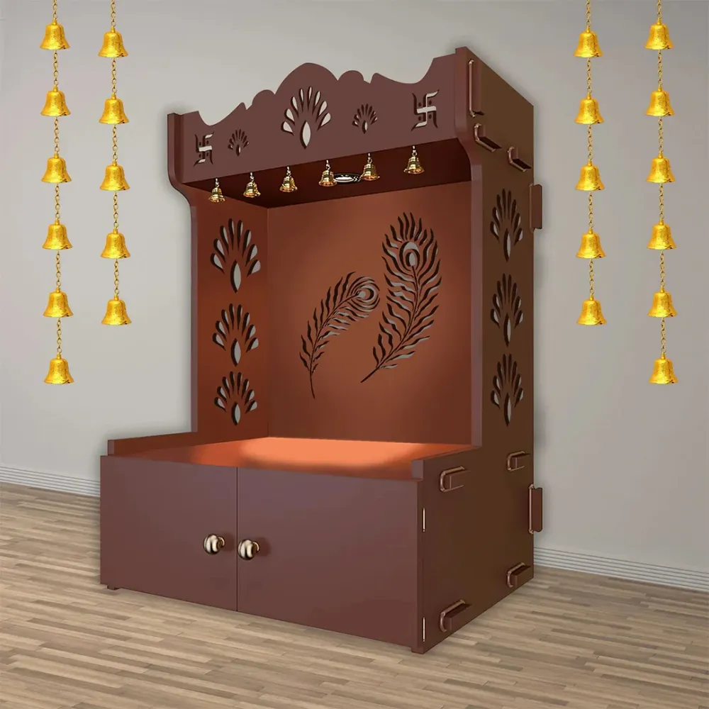 Premium Art Of Mor Pankh Floor Temple With Spacious Wooden Shelf &amp; Inbuilt Focus Light- Brown Finish