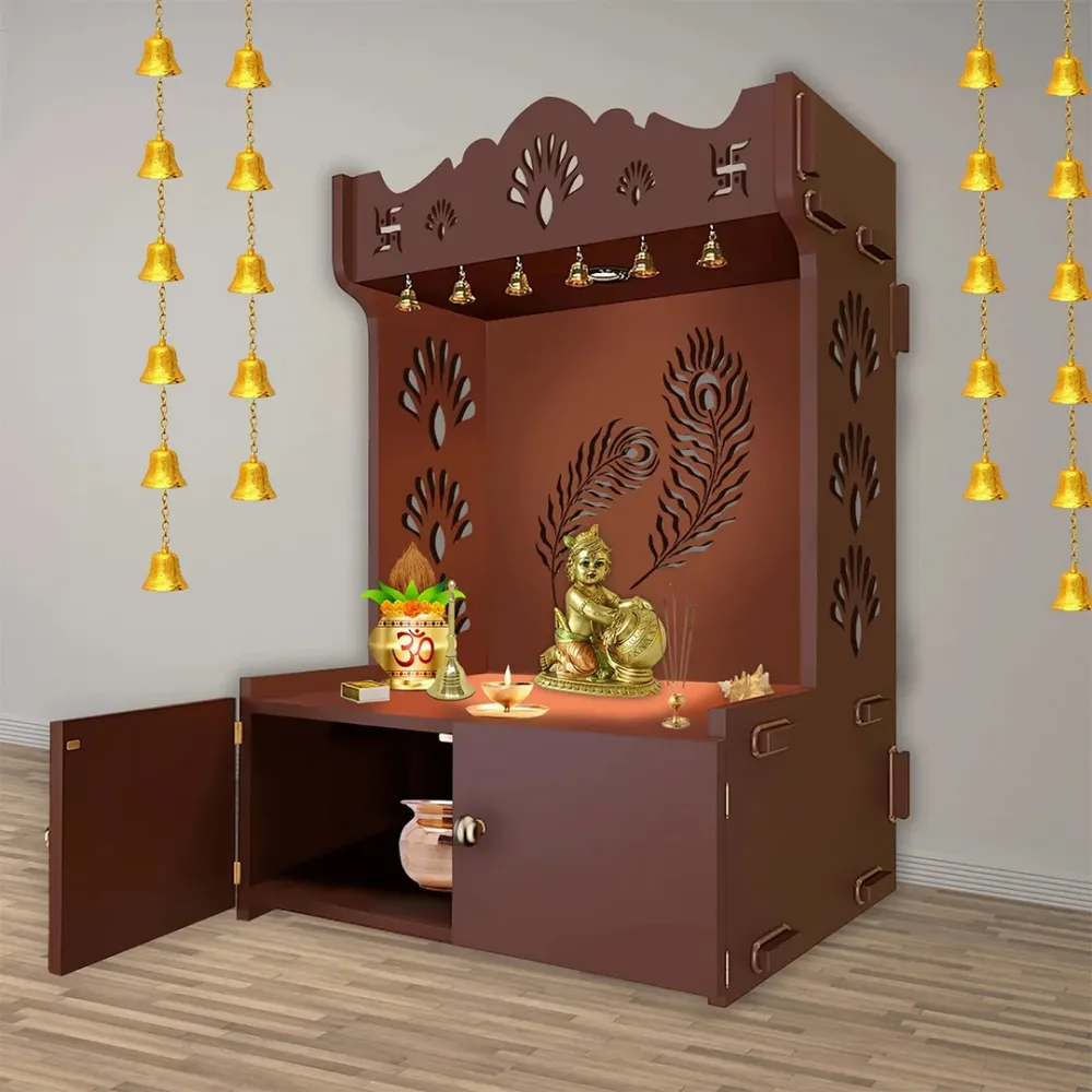 Premium Art Of Mor Pankh Floor Temple With Spacious Wooden Shelf &amp; Inbuilt Focus Light- Brown Finish