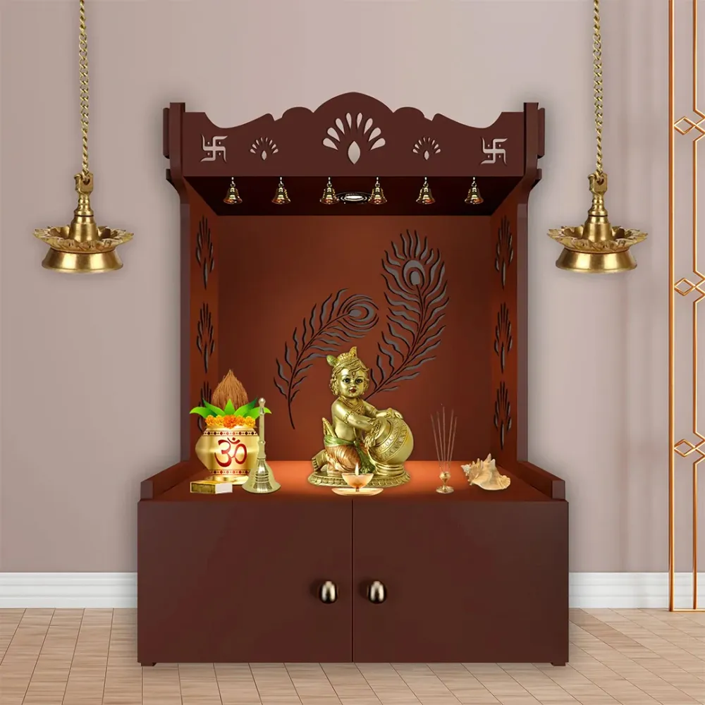 Premium Art Of Mor Pankh Floor Temple With Spacious Wooden Shelf &amp; Inbuilt Focus Light- Brown Finish