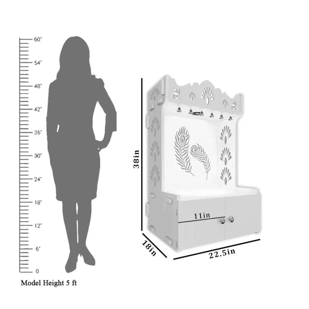 Premium Art Of Mor Pankh Floor Temple With Spacious Wooden Shelf &amp; Inbuilt Focus Light- White Finish