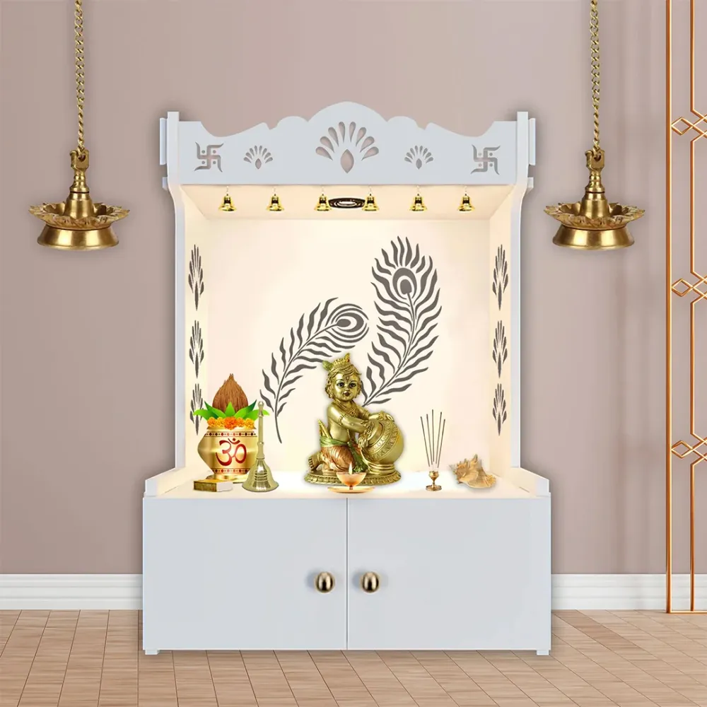 Premium Art Of Mor Pankh Floor Temple With Spacious Wooden Shelf &amp; Inbuilt Focus Light- White Finish