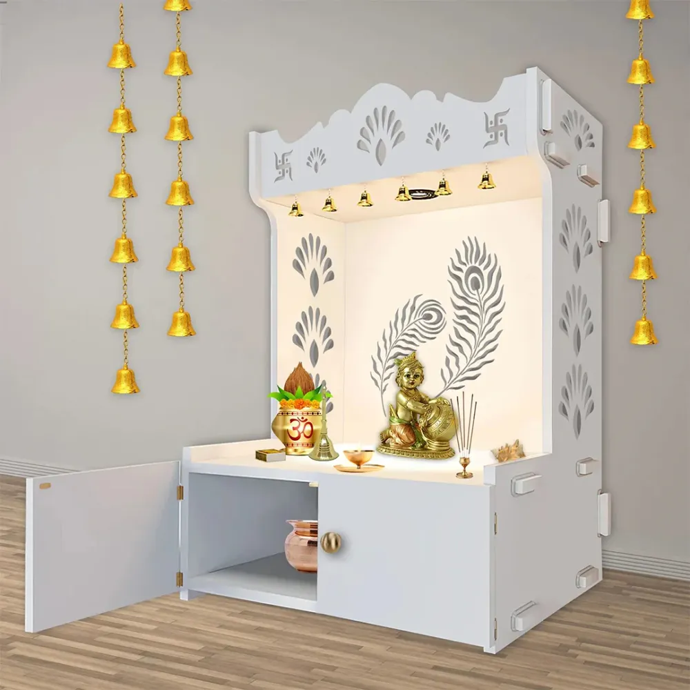 Premium Art Of Mor Pankh Floor Temple With Spacious Wooden Shelf &amp; Inbuilt Focus Light- White Finish