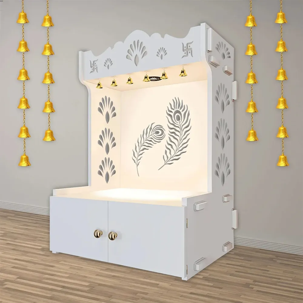 Premium Art Of Mor Pankh Floor Temple With Spacious Wooden Shelf &amp; Inbuilt Focus Light- White Finish