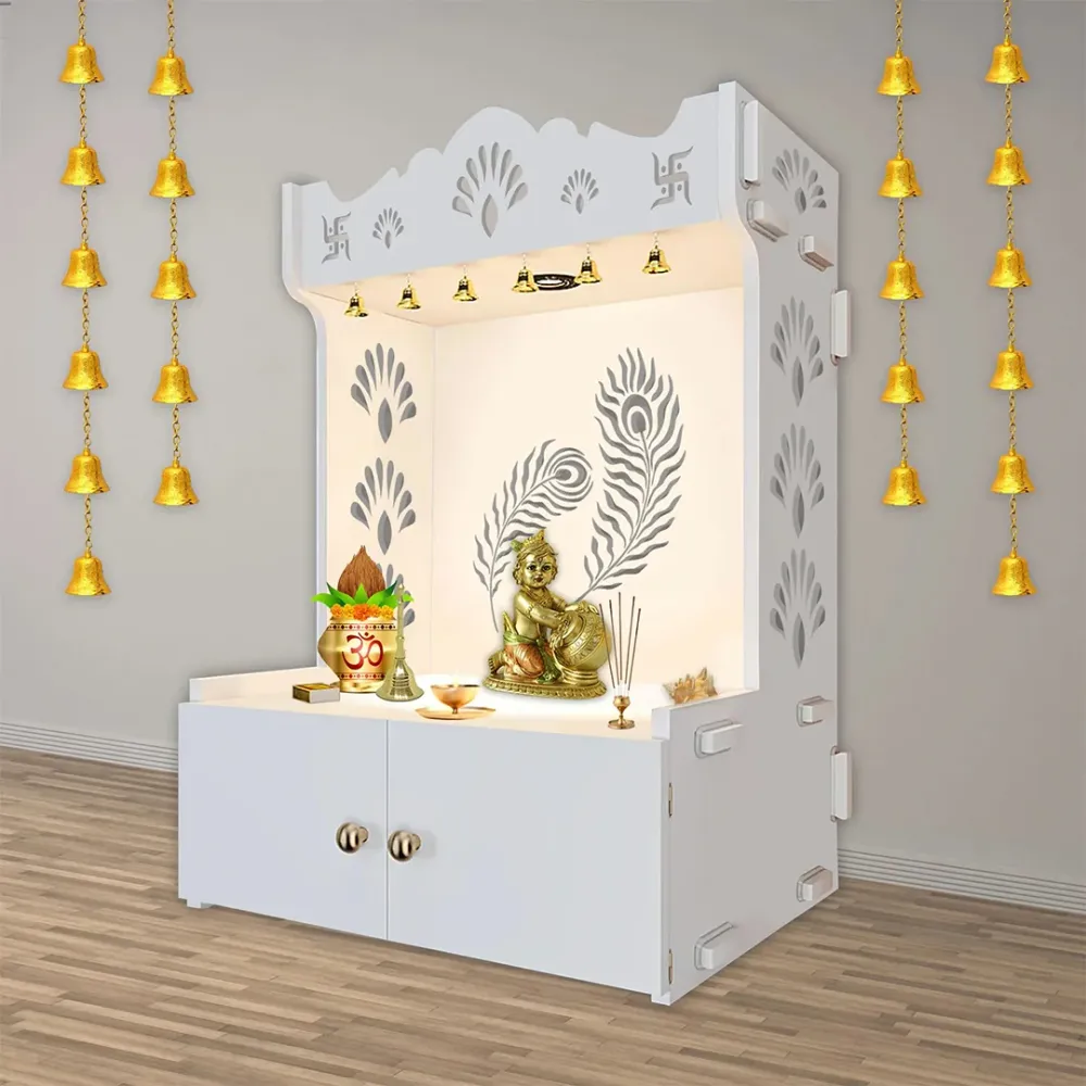 Premium Art Of Mor Pankh Floor Temple With Spacious Wooden Shelf &amp; Inbuilt Focus Light- White Finish