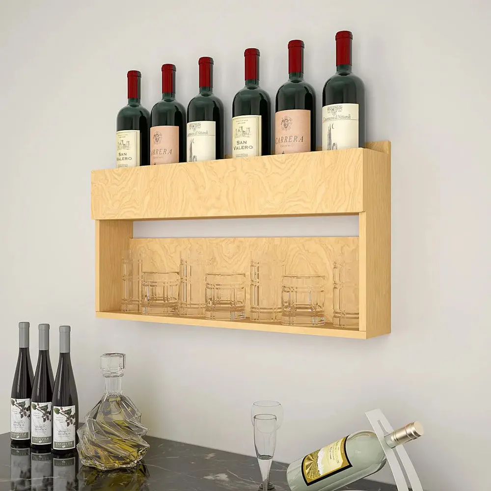 Premium Backlit Wooden Bar Wall Shelf-cum-Mini Bar Cabinet in Light Oak Finish