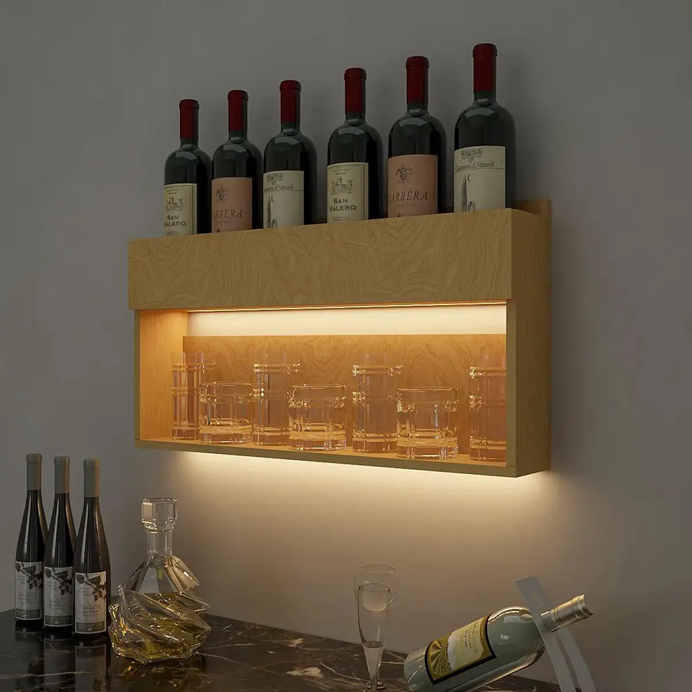 Premium Backlit Wooden Bar Wall Shelf-cum-Mini Bar Cabinet in Light Oak Finish