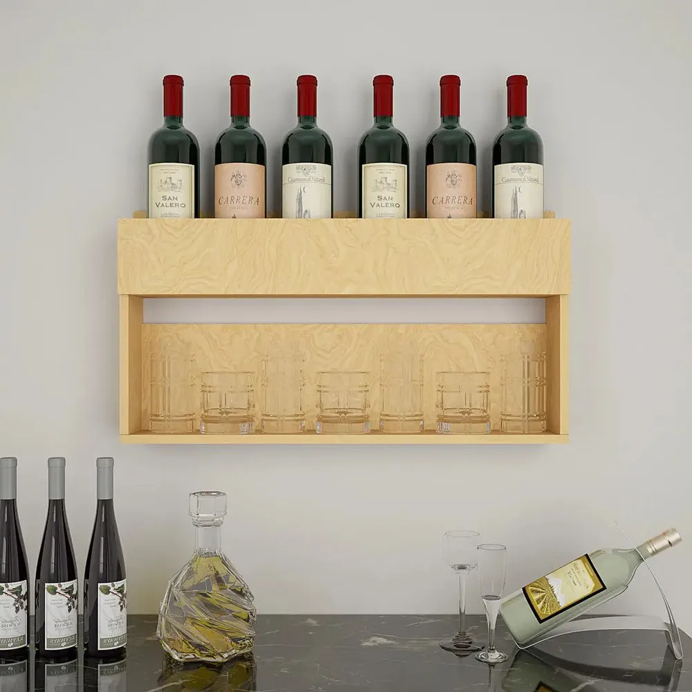 Premium Backlit Wooden Bar Wall Shelf-cum-Mini Bar Cabinet in Light Oak Finish