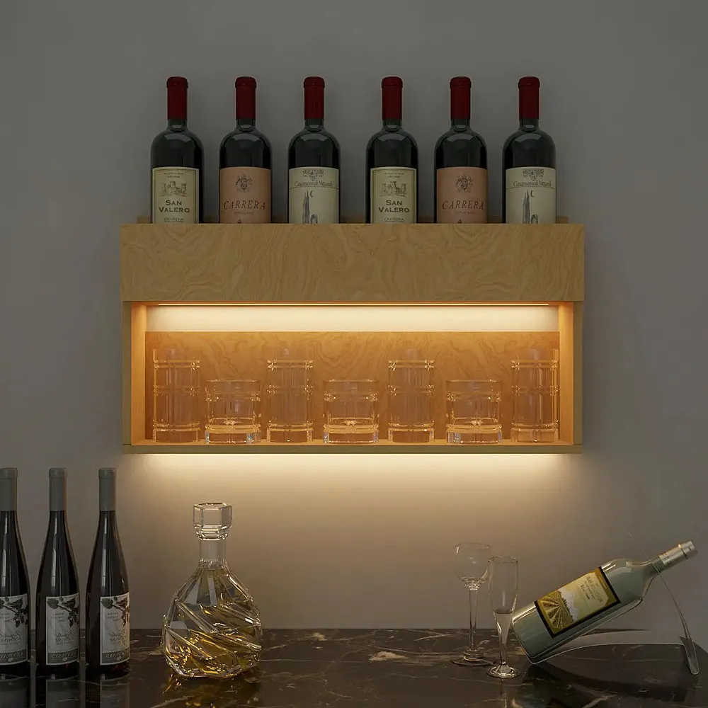 Premium Backlit Wooden Bar Wall Shelf-cum-Mini Bar Cabinet in Light Oak Finish