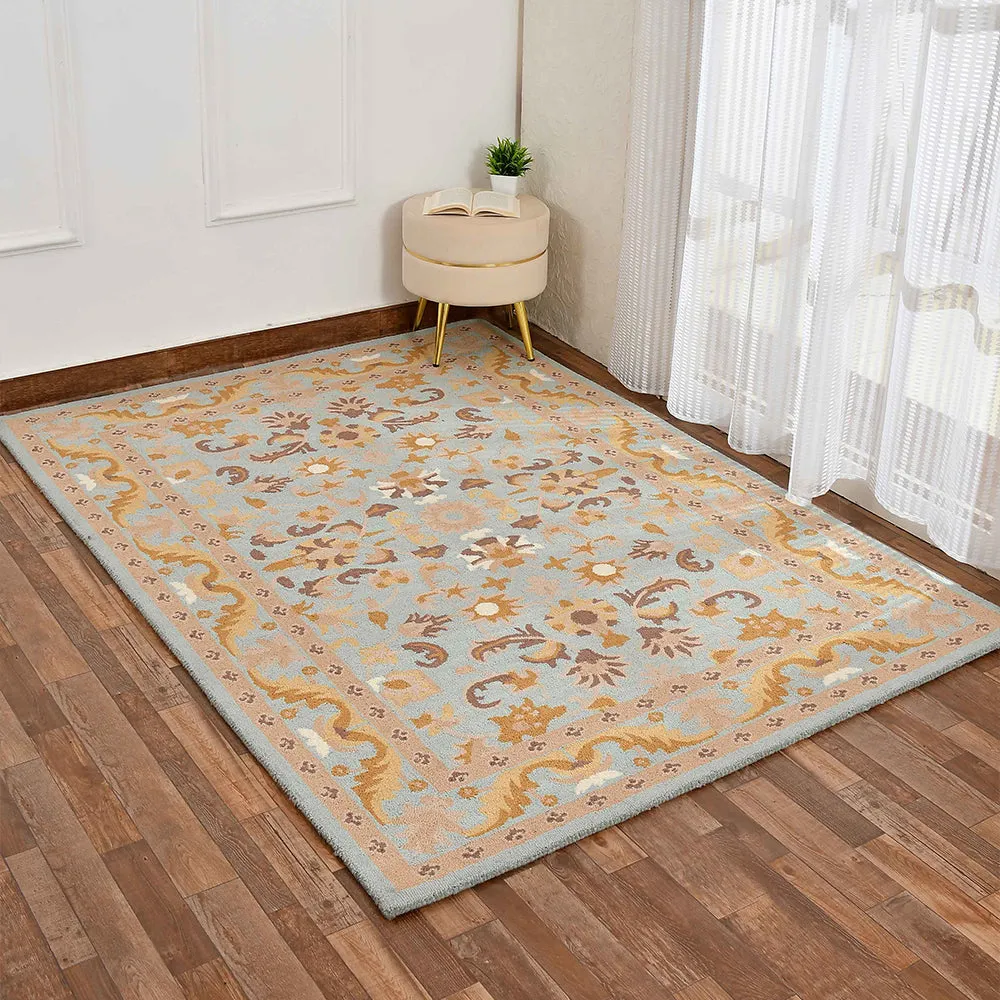 Premium Blue Traditional Print Hand Tufted Wool Carpet for Living Room 4X6