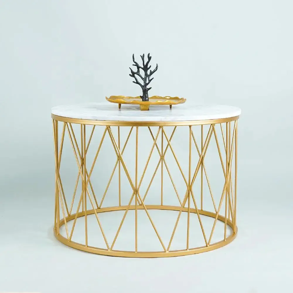 Premium Designer Center Table in Golden & White Colour- Criss Cross Pattern