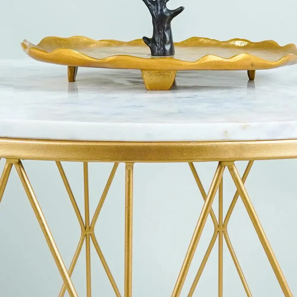 Premium Designer Center Table in Golden & White Colour- Criss Cross Pattern