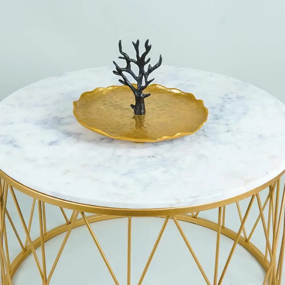 Premium Designer Center Table in Golden & White Colour- Criss Cross Pattern