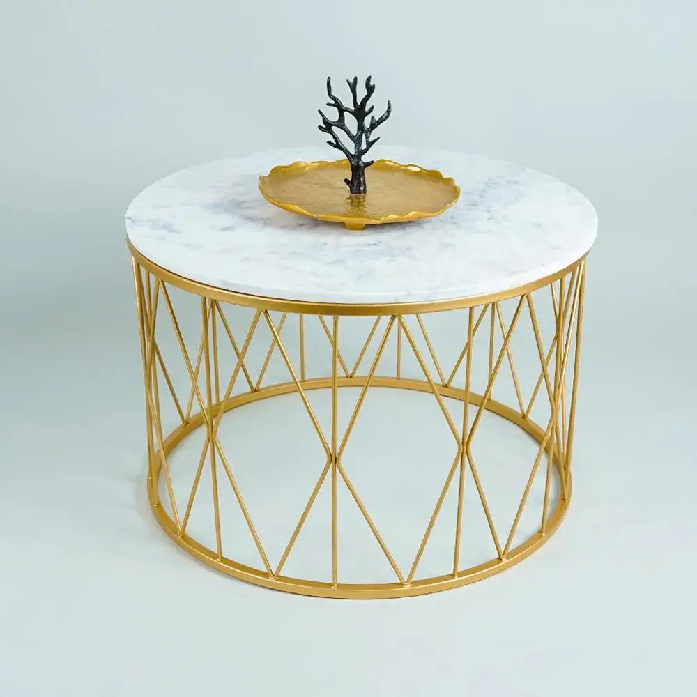 Premium Designer Center Table in Golden & White Colour- Criss Cross Pattern