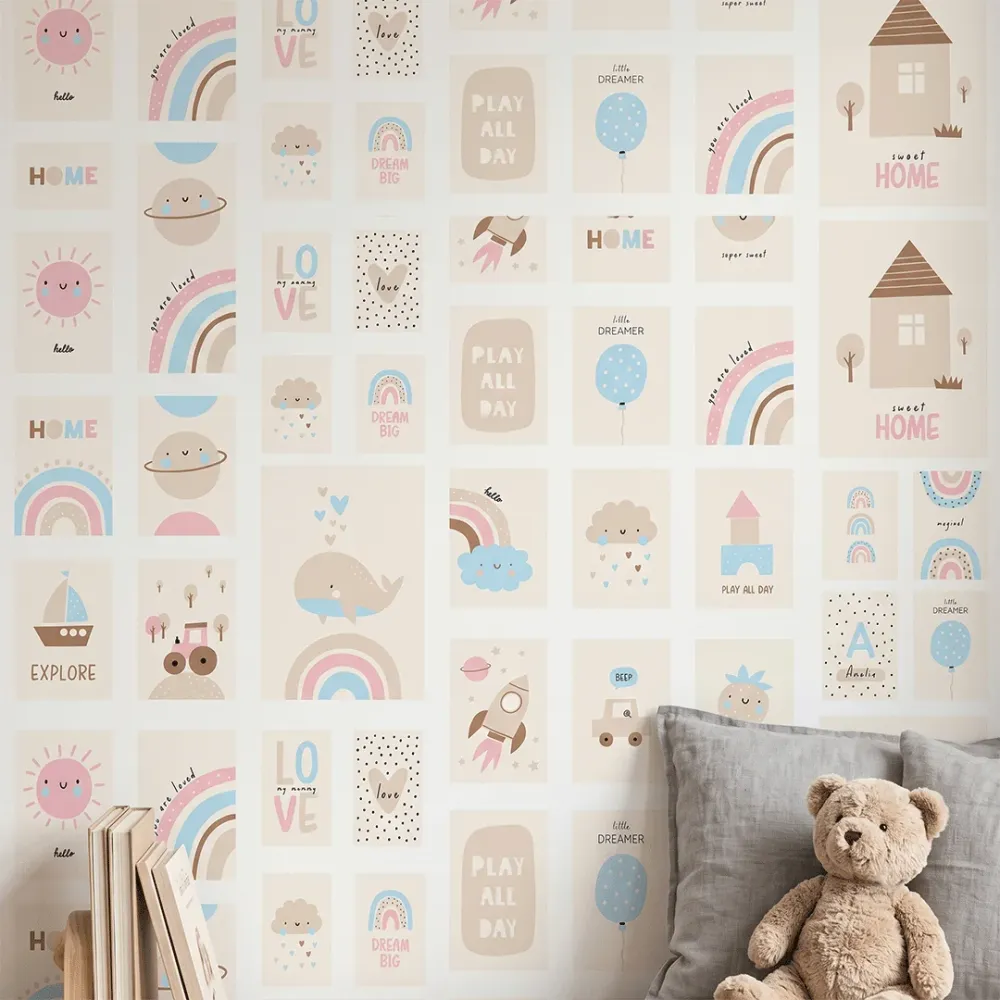 Pastel Nursery Wall Art Collage Wallpaper | Kids Room Wallpaper