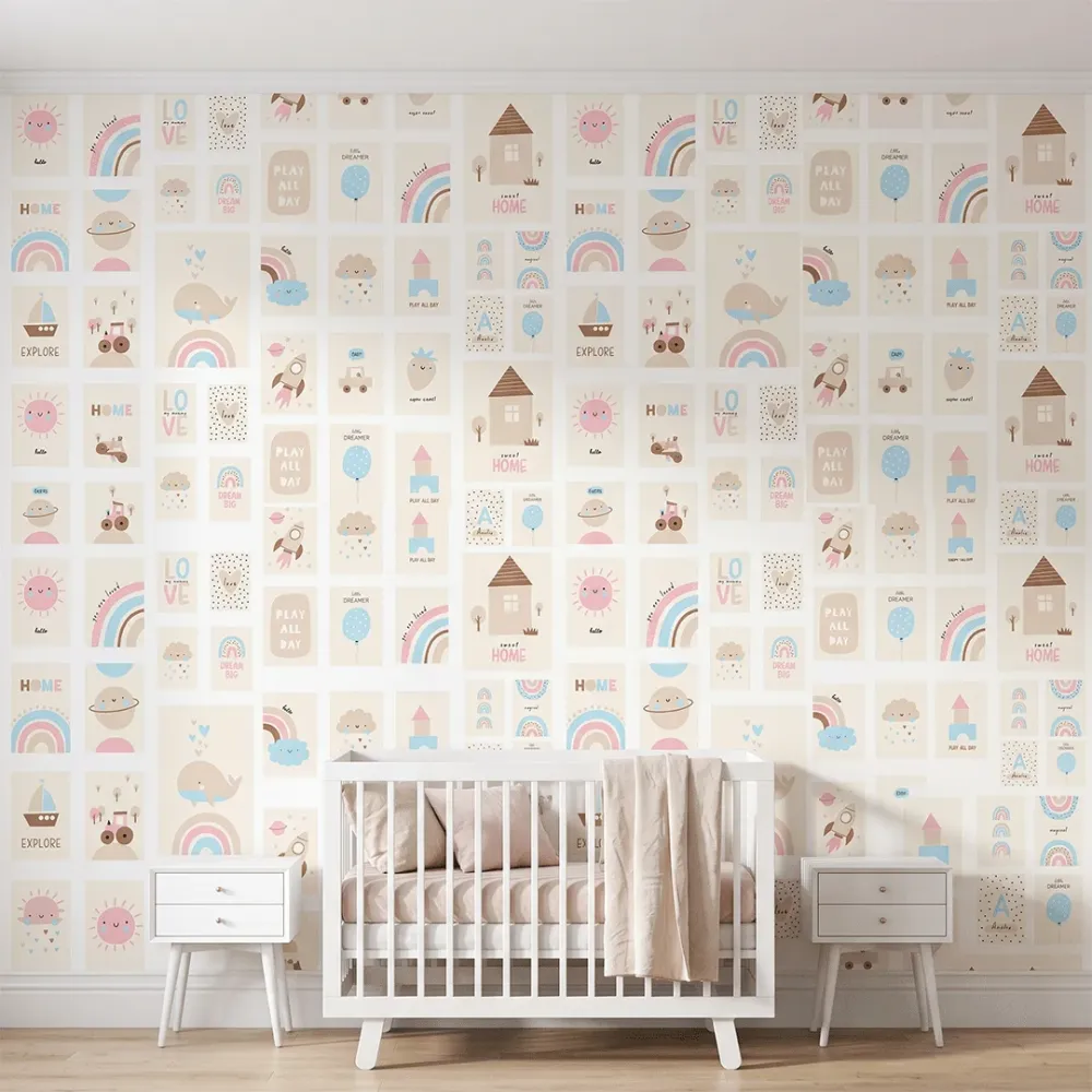 Pastel Nursery Wall Art Collage Wallpaper | Kids Room Wallpaper
