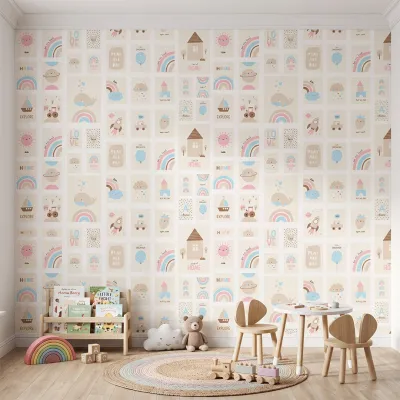 Pastel Nursery Wall Art Collage Wallpaper | Kids Room Wallpaper