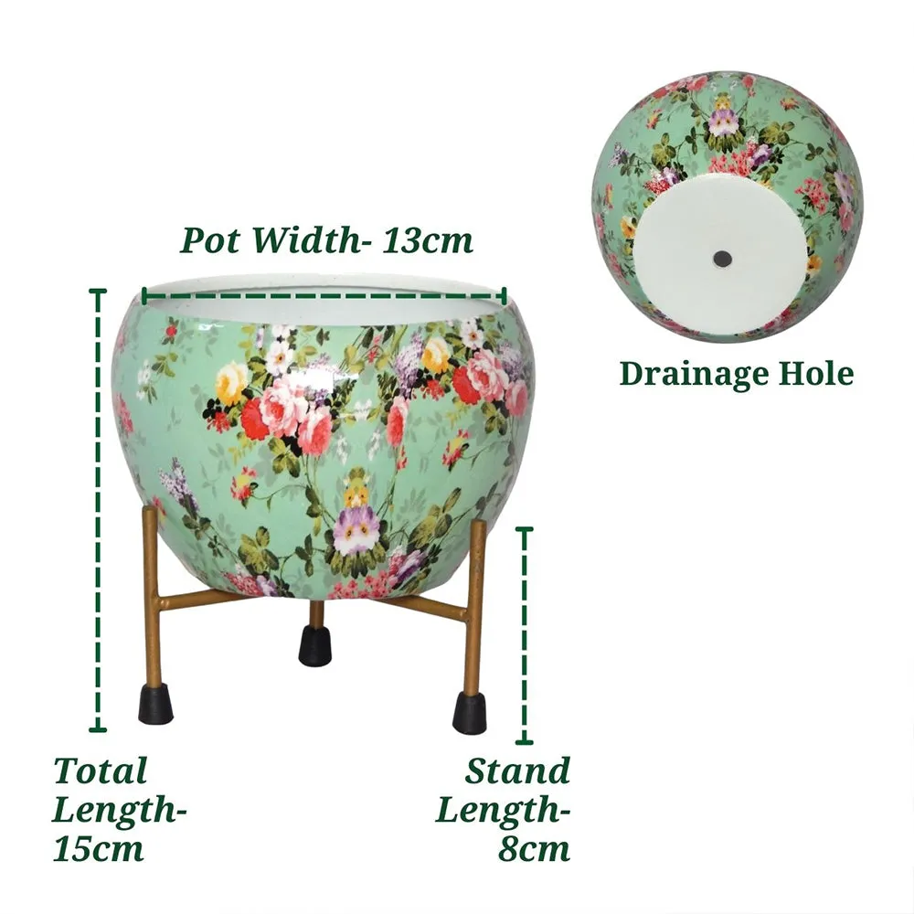 Premium Floral Print Multicoloured Indoor Metal Plant Stand with Pot (Set of 2)