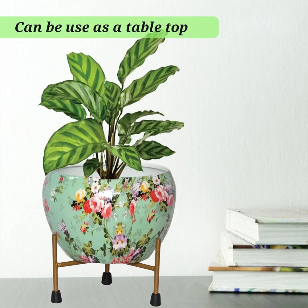 Premium Floral Print Multicoloured Indoor Metal Plant Stand with Pot (Set of 2)