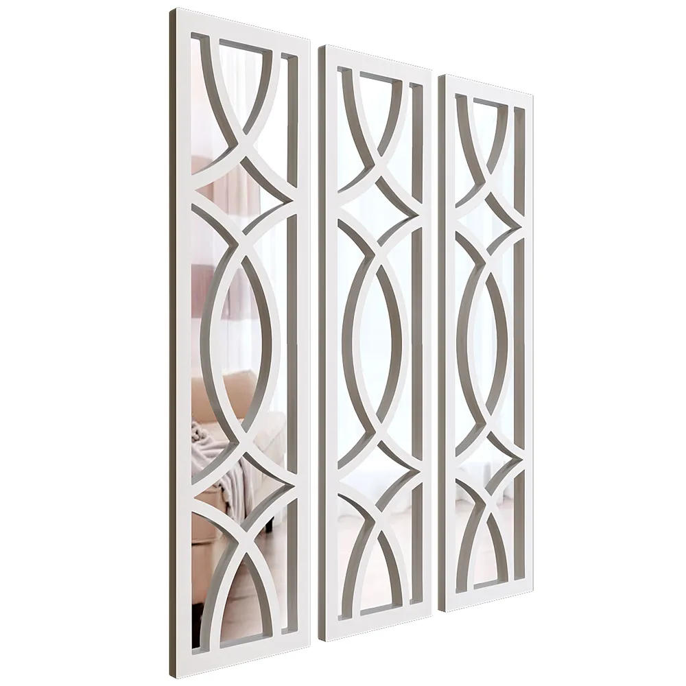 Premium Geometric Design Set of 3 Wooden Frame Wall Mirror / Decorative Wall Decor (Available in Multiple Finishes) white