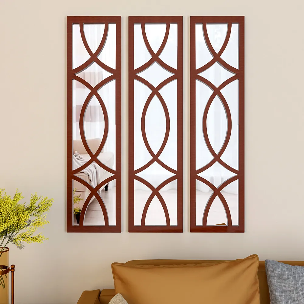 Premium Geometric Design Set of 3 Wooden Frame Wall Mirror / Decorative Wall Decor (Available in Multiple Finishes) white