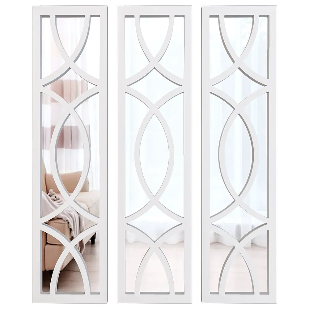 Premium Geometric Design Set of 3 Wooden Frame Wall Mirror / Decorative Wall Decor (Available in Multiple Finishes) white