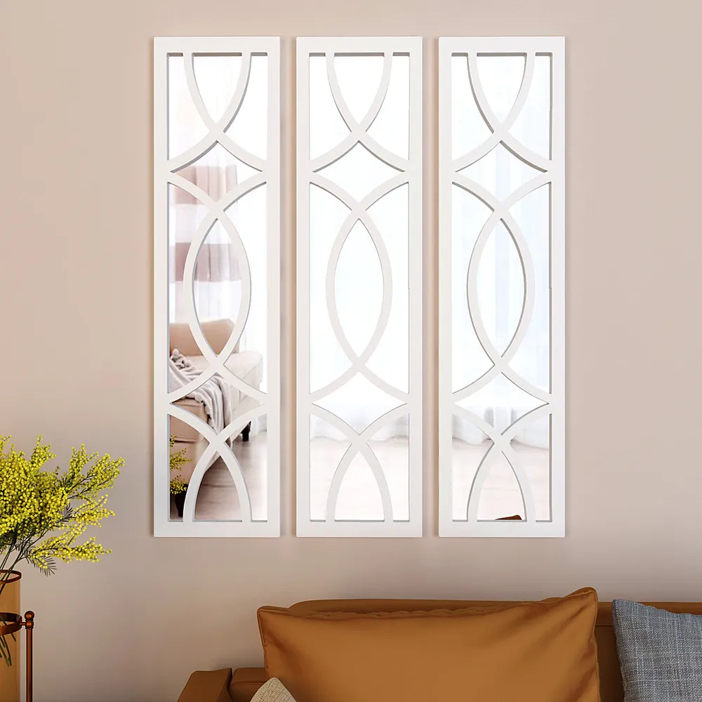 Premium Geometric Design Set of 3 Wooden Frame Wall Mirror / Decorative Wall Decor (Available in Multiple Finishes) white