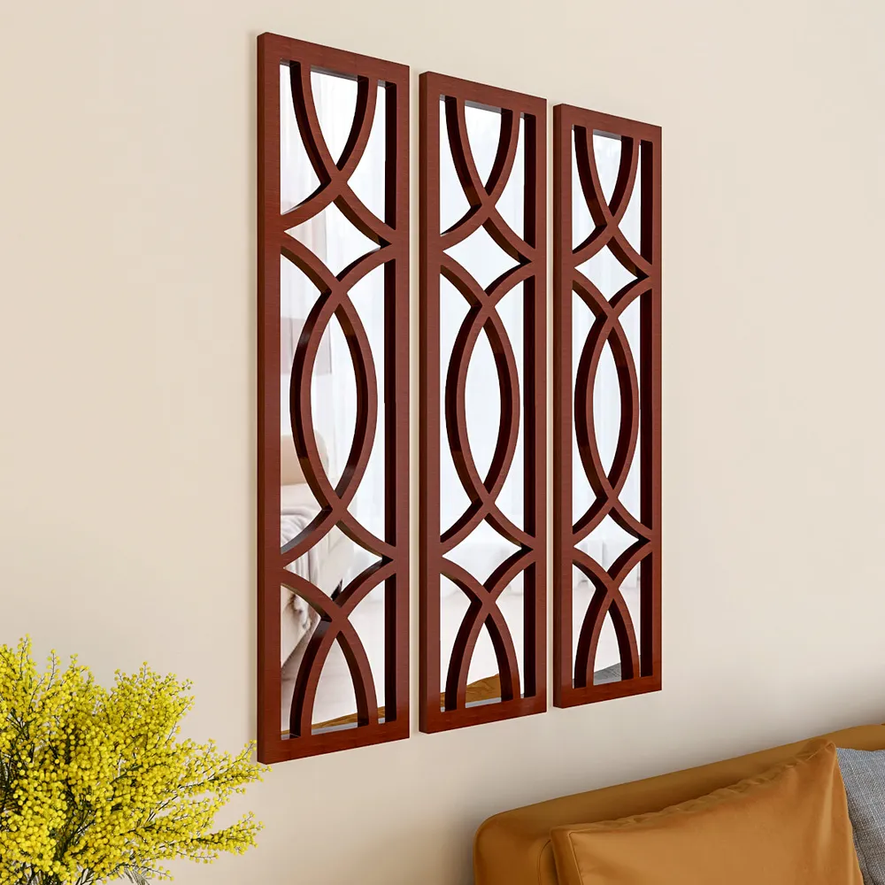 Premium Geometric Design Set of 3 Wooden Frame Wall Mirror / Decorative Wall Decor (Available in Multiple Finishes) white