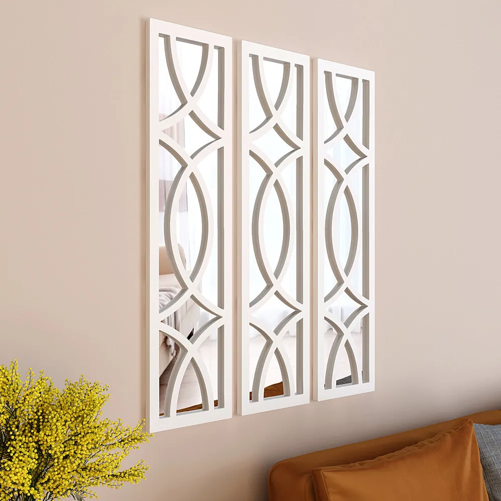 Premium Geometric Design Set of 3 Wooden Frame Wall Mirror / Decorative Wall Decor (Available in Multiple Finishes) white