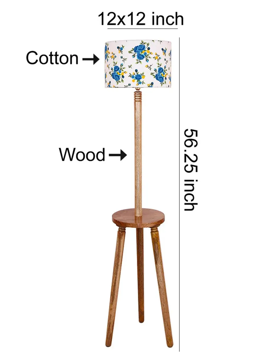 Premium Natural Wood Table Storage Floor Lamp With Blue Shade