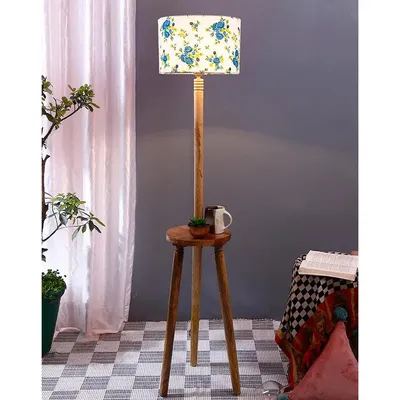 Premium Natural Wood Table Storage Floor Lamp With Blue Shade