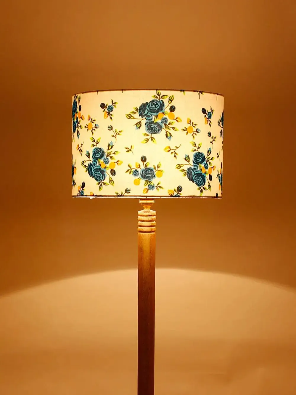 Premium Natural Wood Table Storage Floor Lamp With Blue Shade