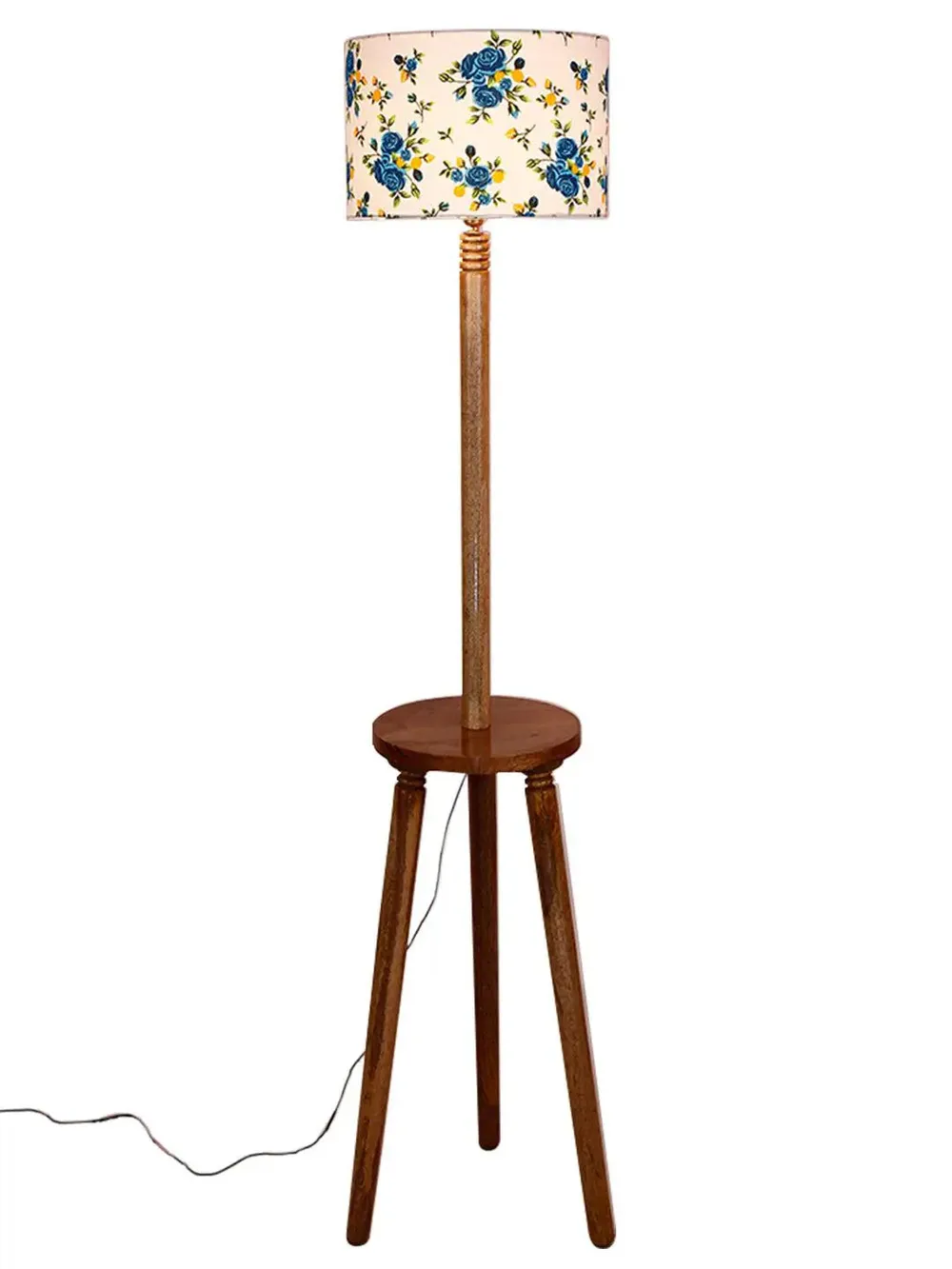 Premium Natural Wood Table Storage Floor Lamp With Blue Shade