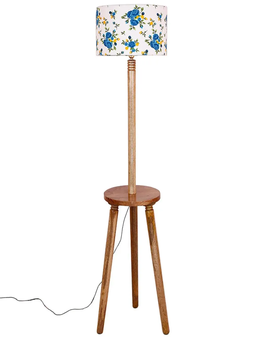 Premium Natural Wood Table Storage Floor Lamp With Blue Shade