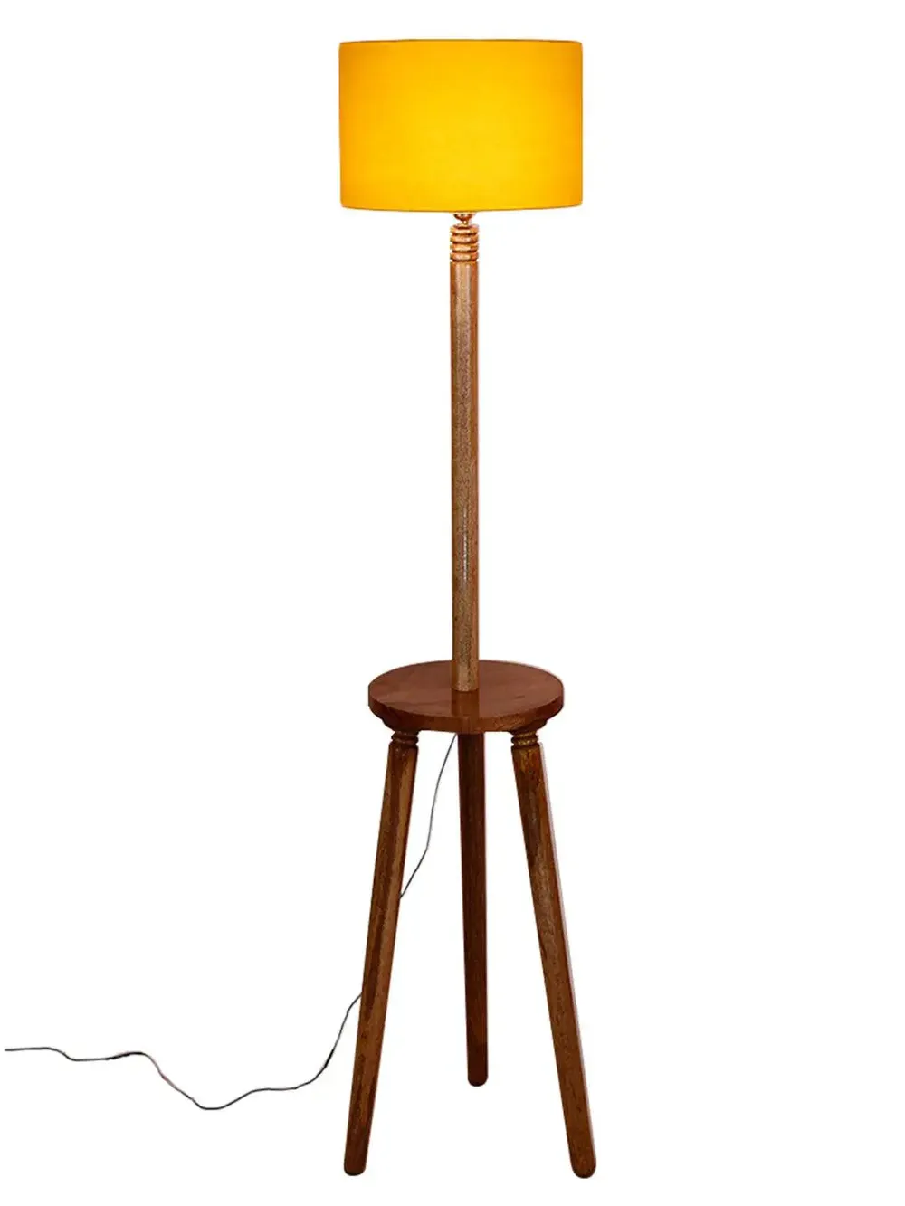 Premium Natural Wood Table Storage Floor Lamp With Cotton Shade MultiColour