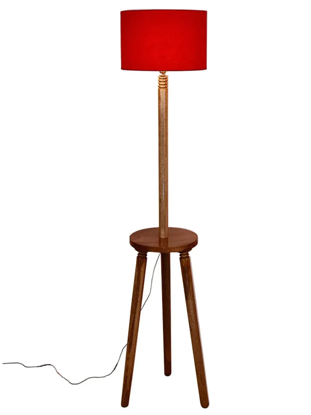 Premium Natural Wood Table Storage Floor Lamp With Cotton Shade MultiColour