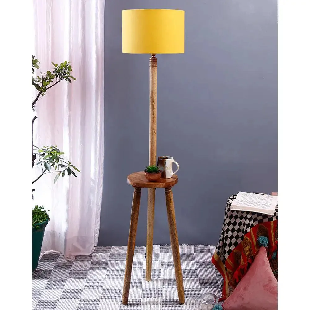 Premium Natural Wood Table Storage Floor Lamp With Cotton Shade MultiColour
